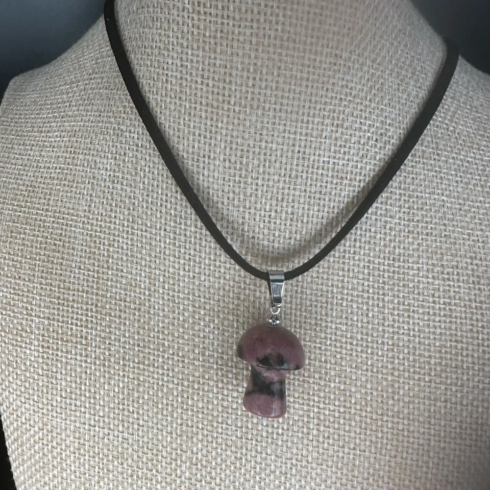 Mini Rhodonite Mushroom Pendant Necklace on Black Faux Suede